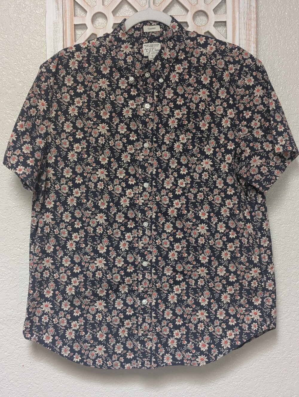 J. Crew Secret Wash Classic Cotton Button Down Shirt Navy Blue Floral Size Large